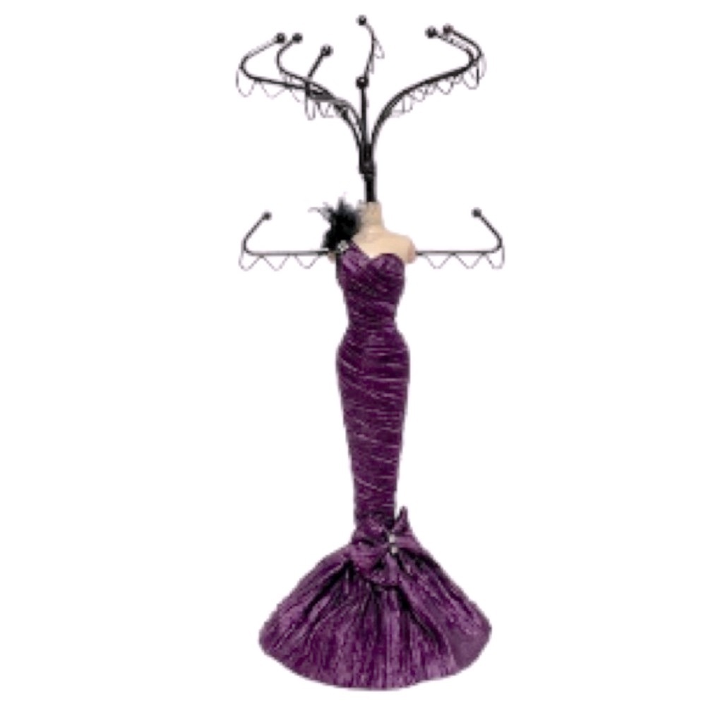 Mannequin Doll Elegant Dress Jewelry Organizer Display Purple Black w Feathers